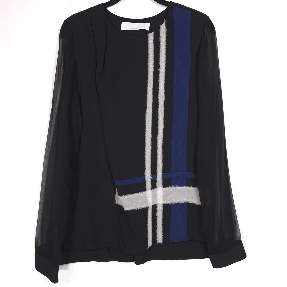 THAKOON ADDITION‎ Women's Top SILK Black Striped Sheer Long Sleeve MEDIUM